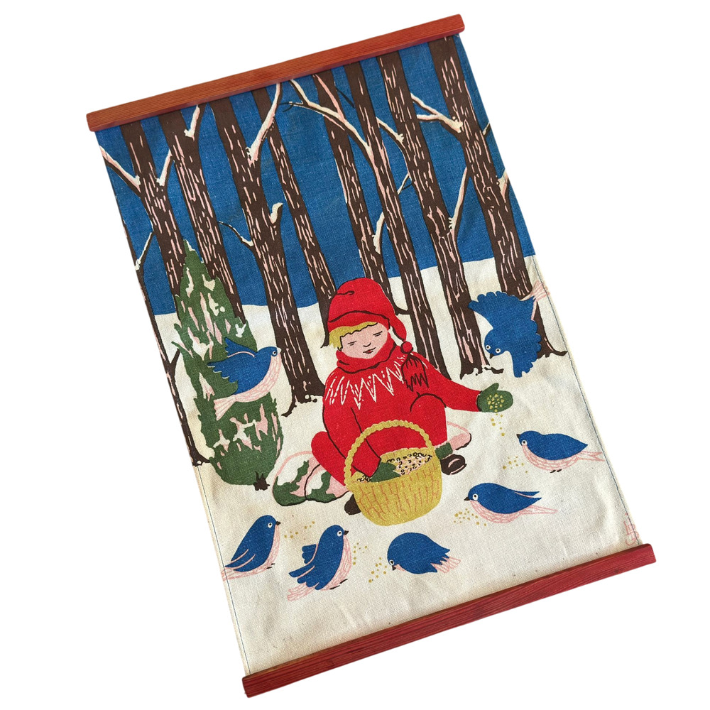 Scandinavian Linen Wall Hanging Child Bird Forest Winter Christmas Holiday Decor